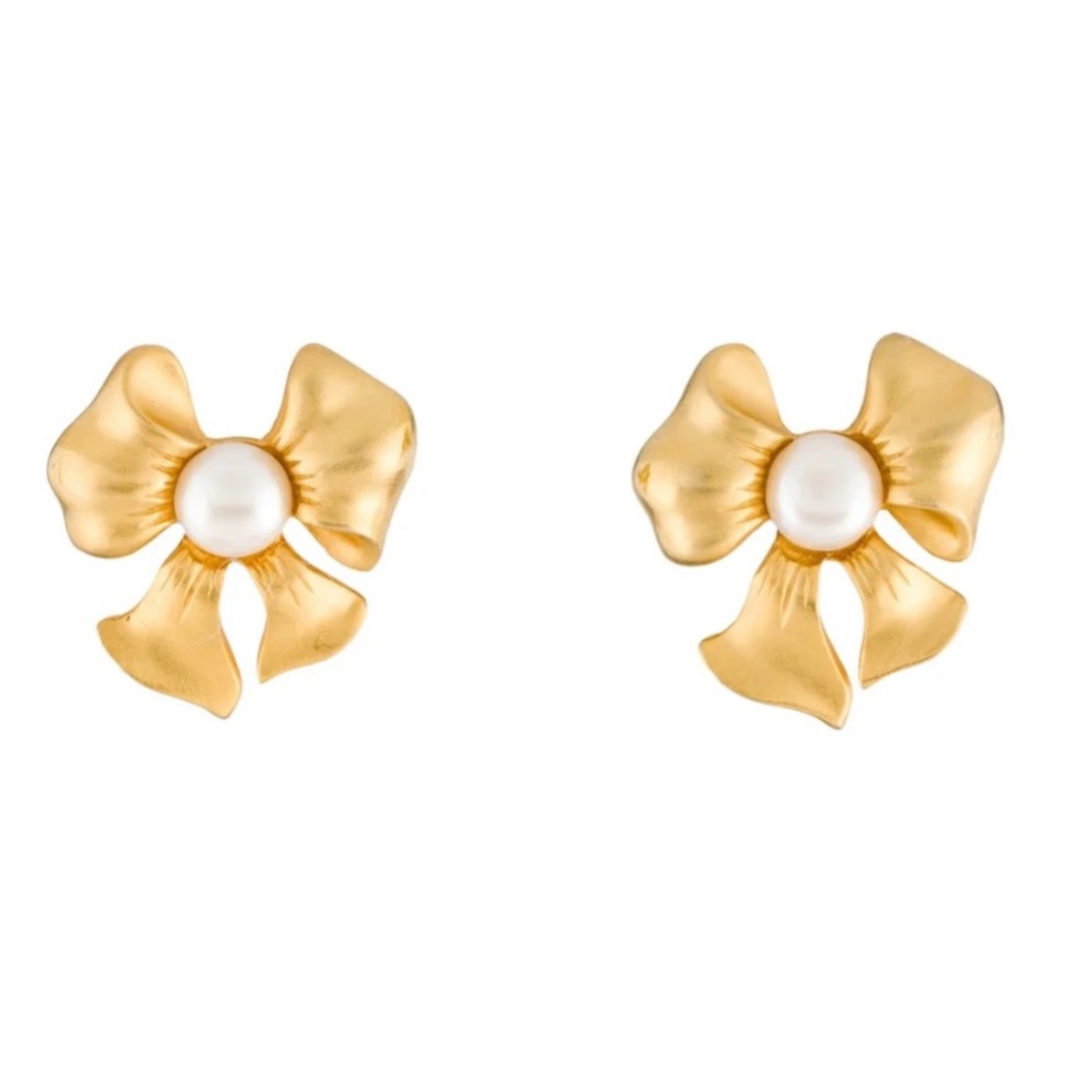 Rare Givenchy Gold tone Faux Pearl Bow Ribbon Vintage Earrings gorgeous